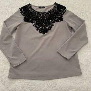 Jeuvre Taupe Long-Sleeve Top with Black Lace Yoke